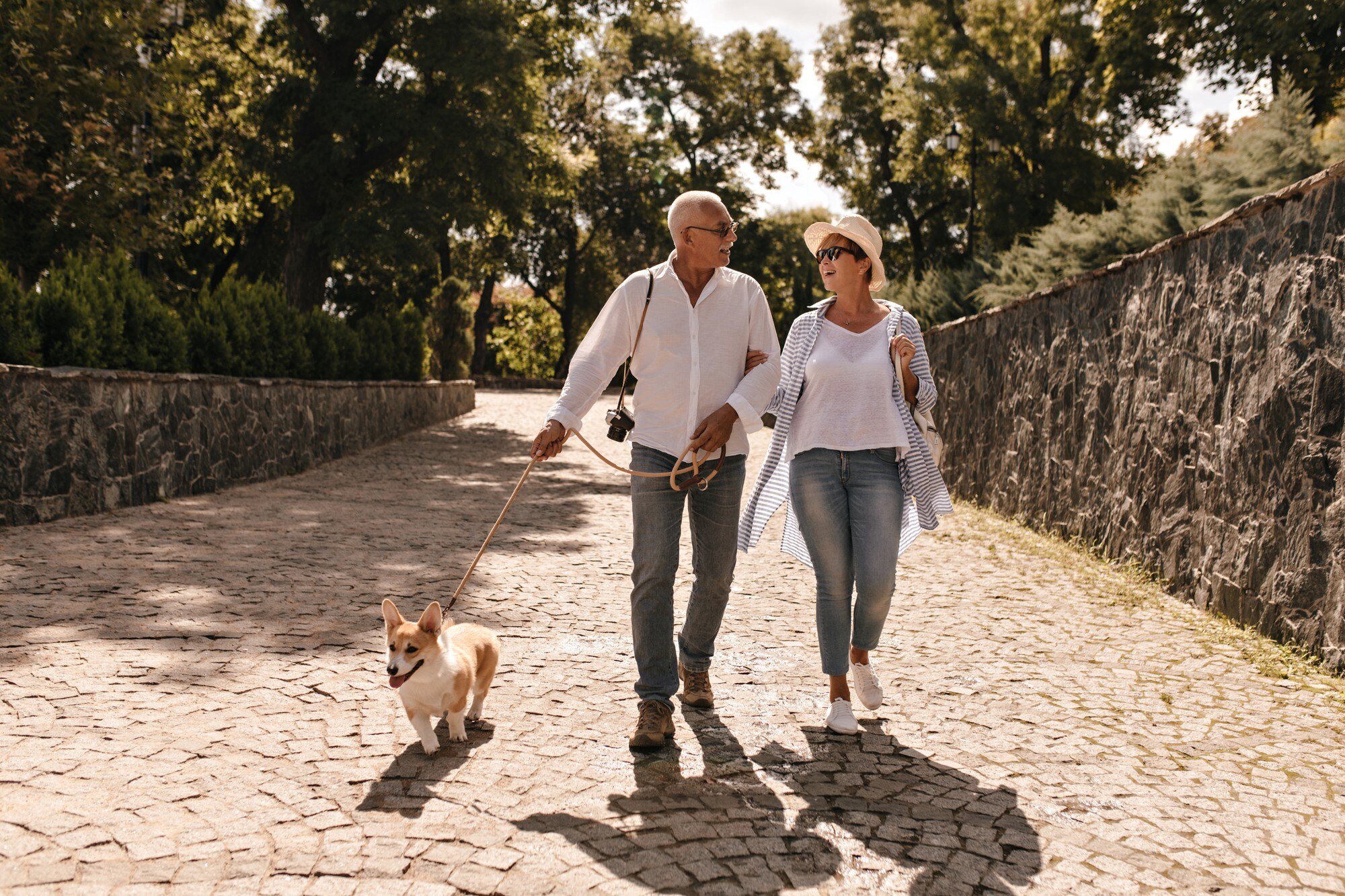Pareja de adultos mayores caminando juntos en un parque al atardecer